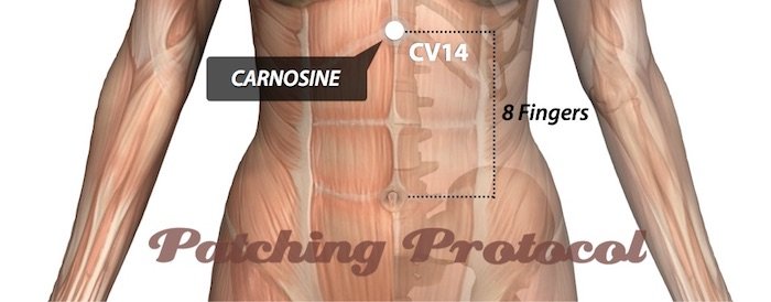 LifeWave Carnosine Patch on Conception Vessel 14 or CV14 Acupuncture Position
